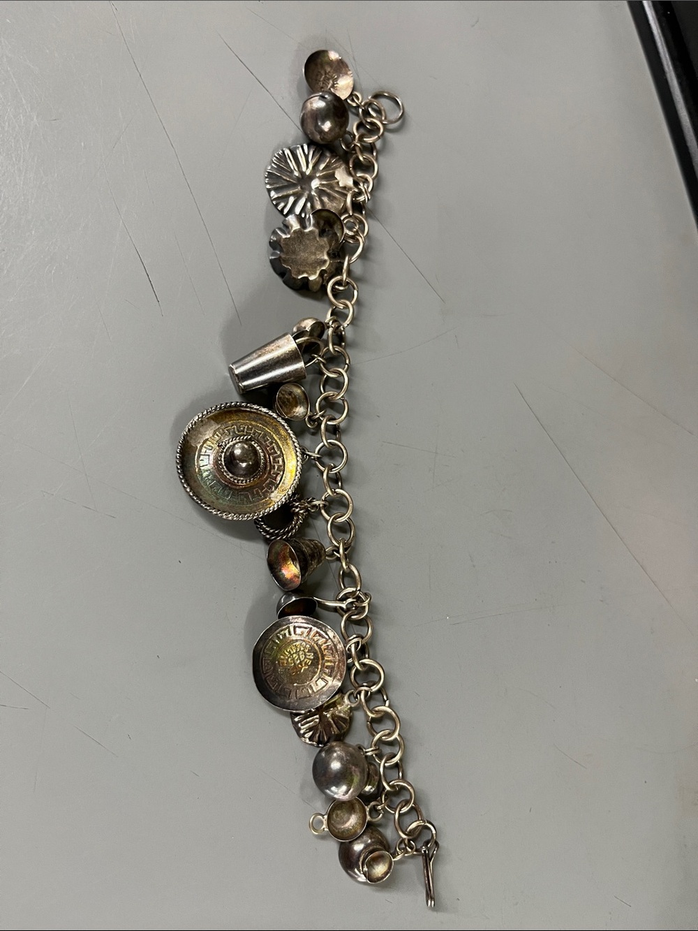 Sterling Silver Mexican Charm Bracelet with Embossed Medallions